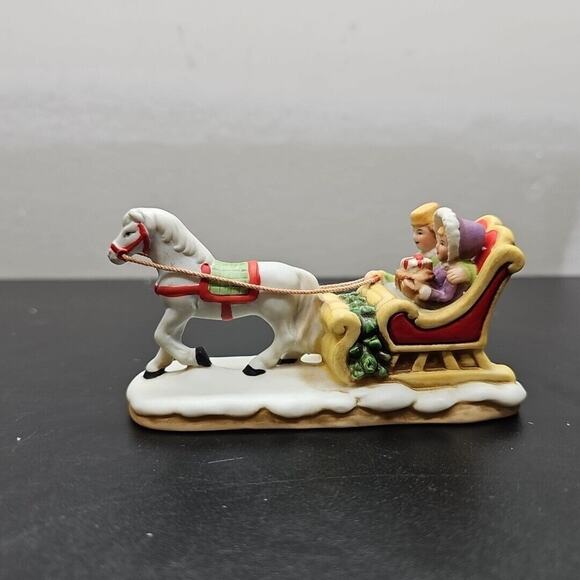 Vtg Lefton Colonial Village Ceramic Horse-Sleigh Mother Daughter Outing 06460 - Picture 3 of 7